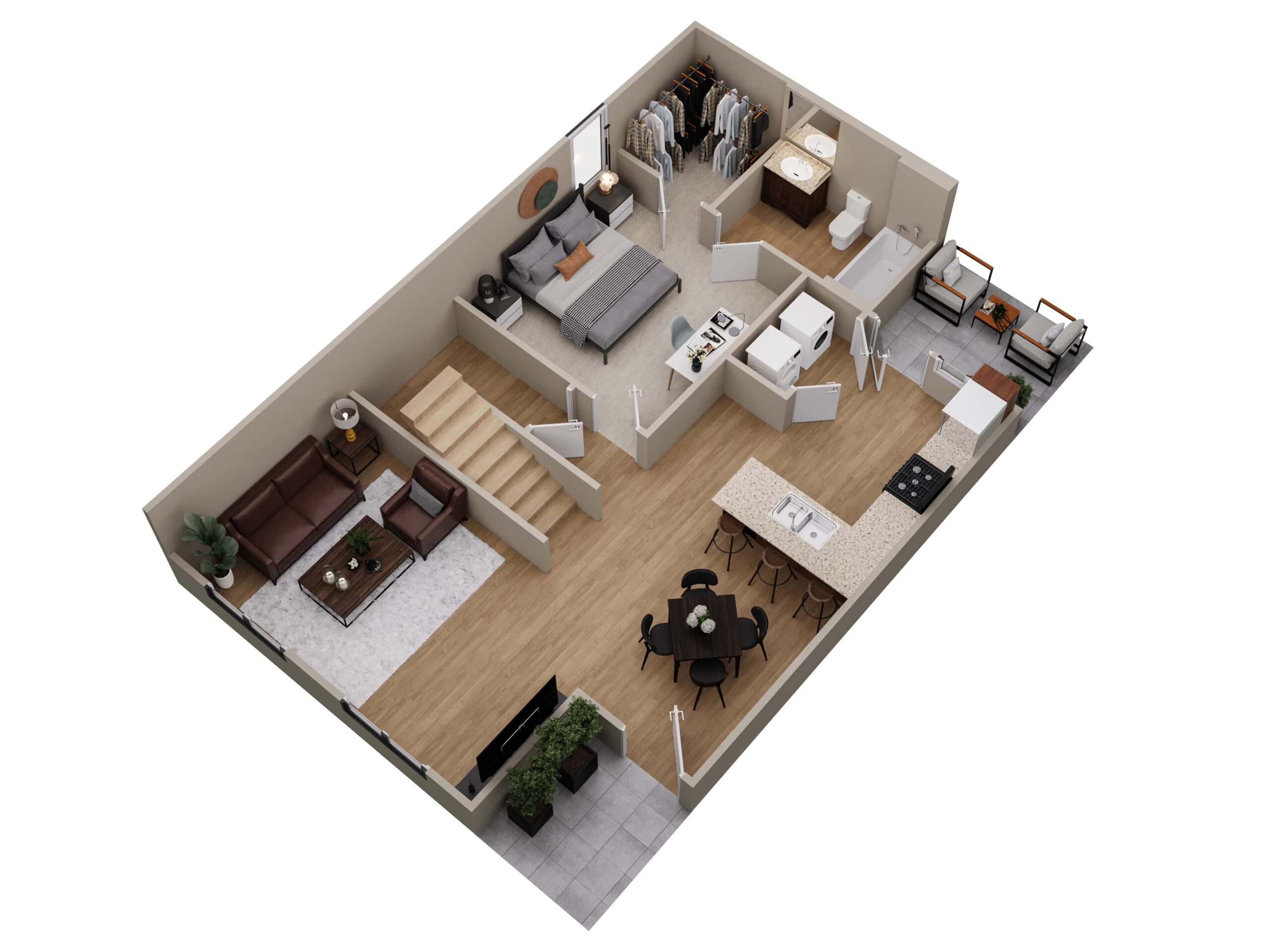 A 3D image of the Bedroom A floorplan, a 200 squarefoot, 4 bed / 4 bath unit