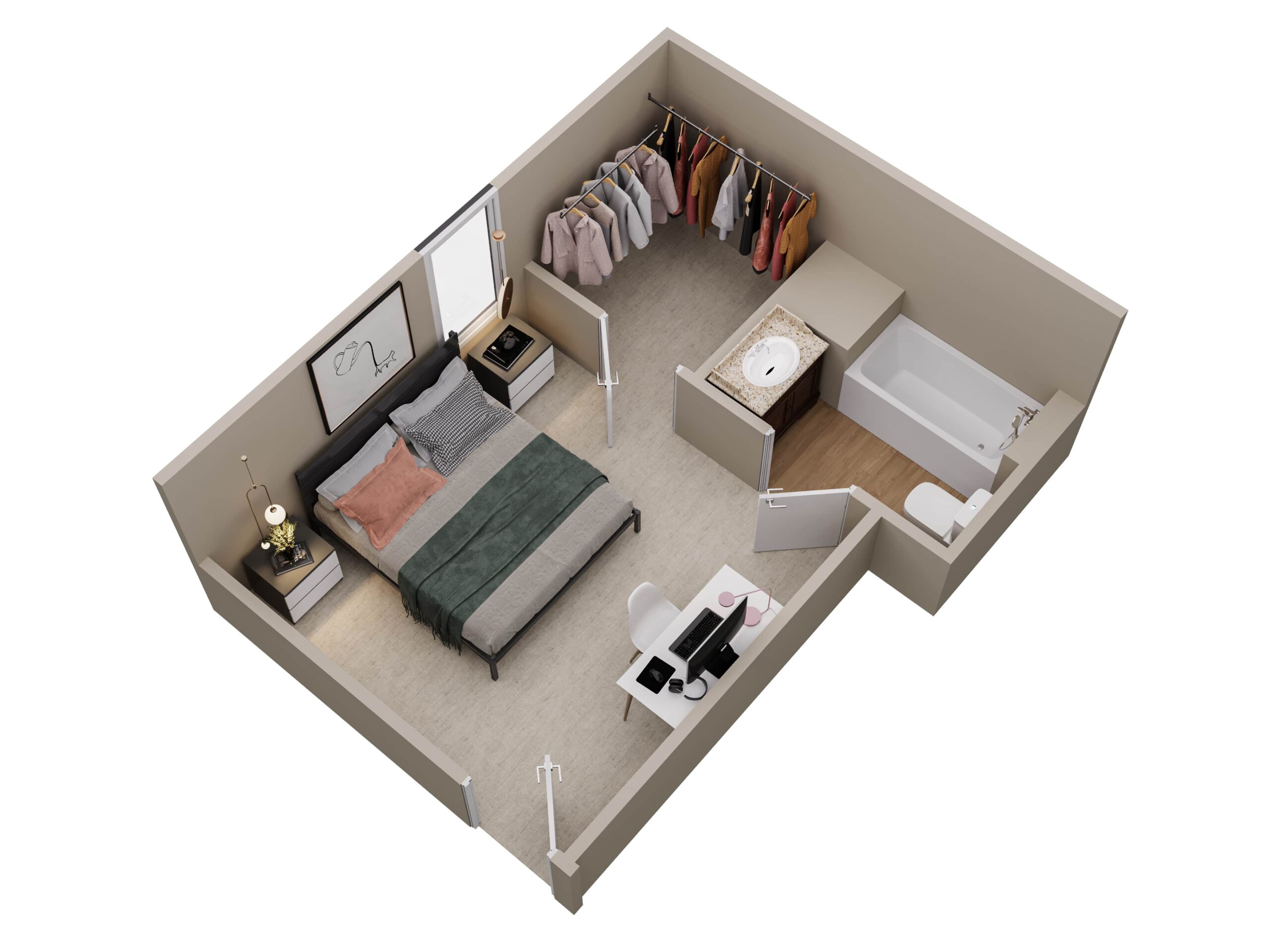 A 3D image of the Bedroom D floorplan, a 175 squarefoot, 4 bed / 4 bath unit
