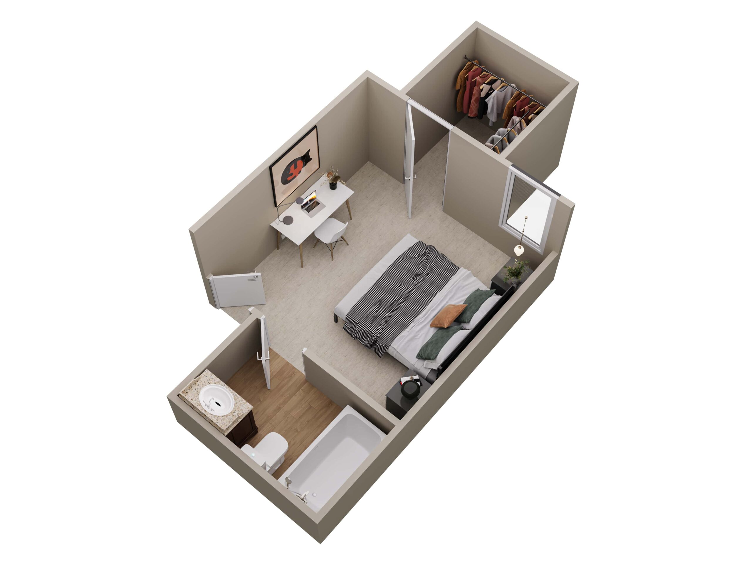 A 3D image of the Bedroom C floorplan, a 193 squarefoot, 4 bed / 4 bath unit