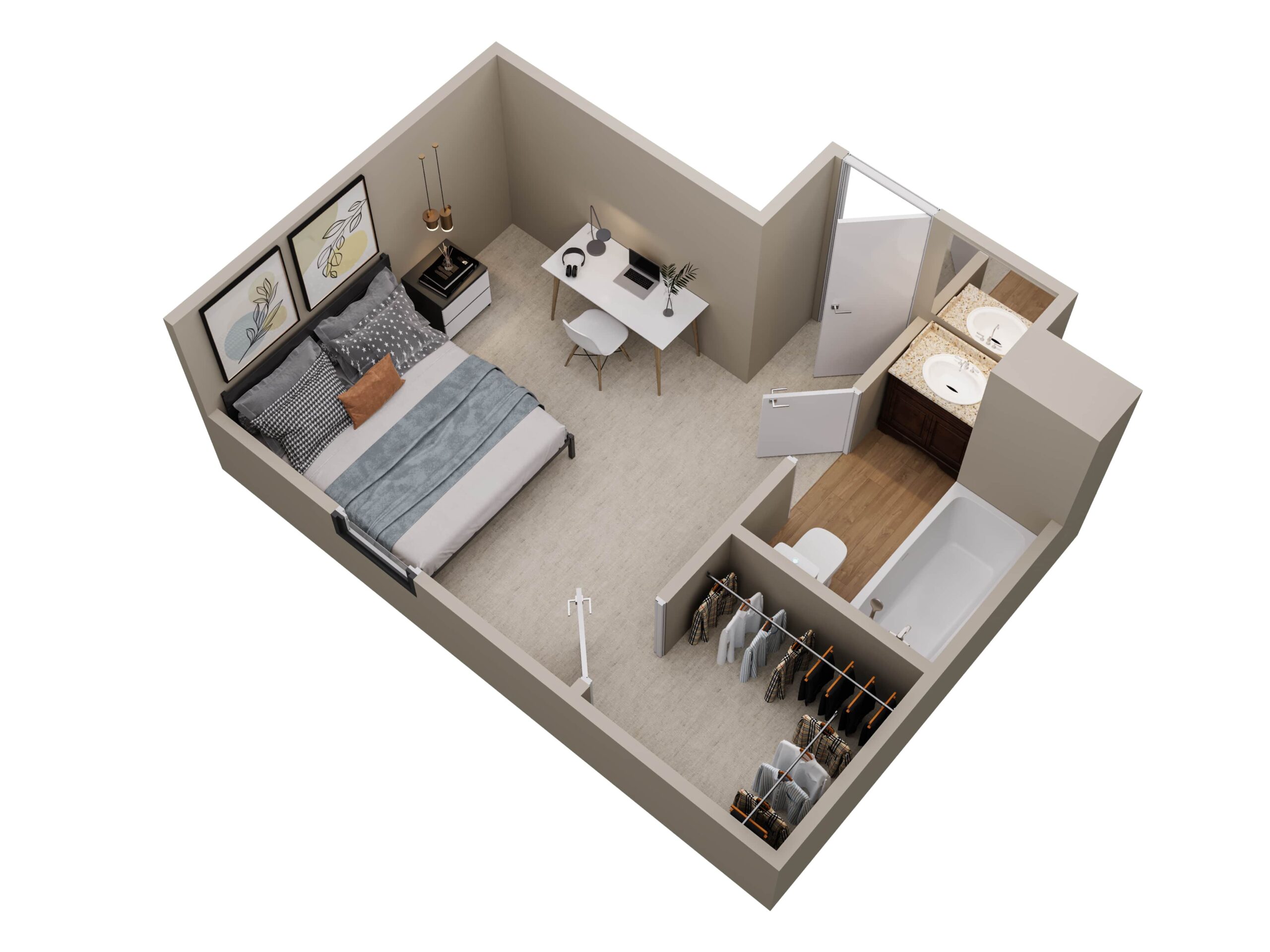 A 3D image of the Bedroom B floorplan, a 184 squarefoot, 4 bed / 4 bath unit