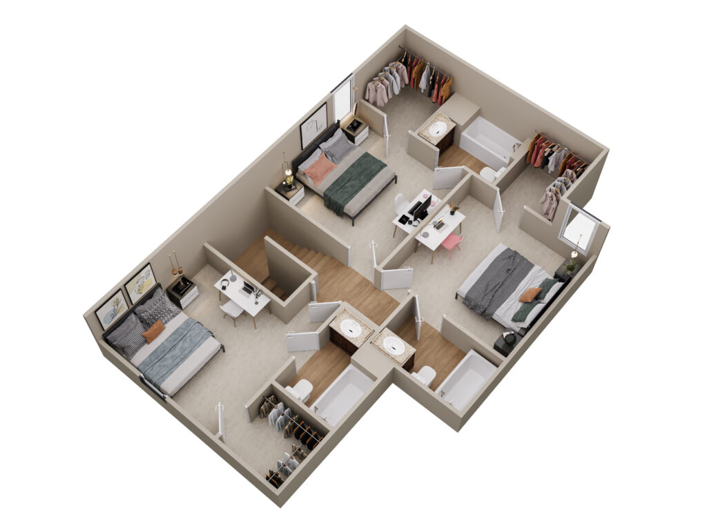A 3D image of the 4BR/4BA floorplan, a 1584 squarefoot, 4 bed / 4 bath unit